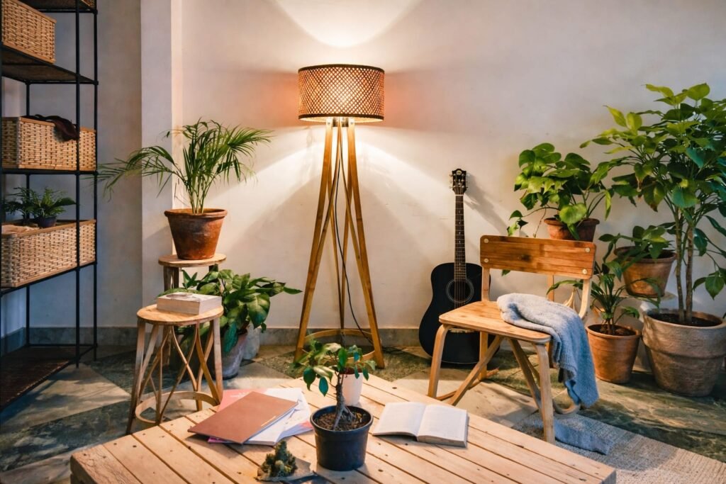 Eco-friendly home decorwith indoor plants,warm lighting and sustainable furniture