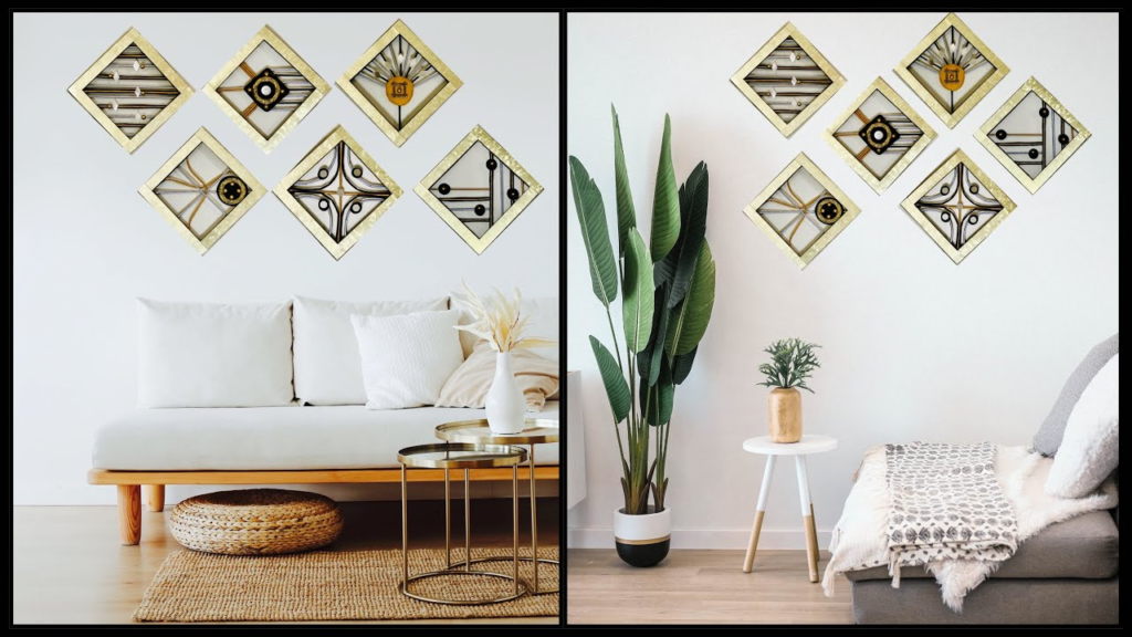 Minimal wall decor with geomatric wooden wall art above in modern interior