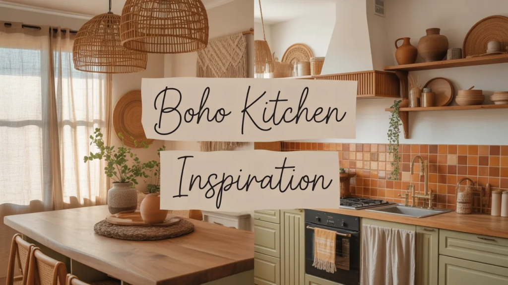 boho kitchen with open shelving