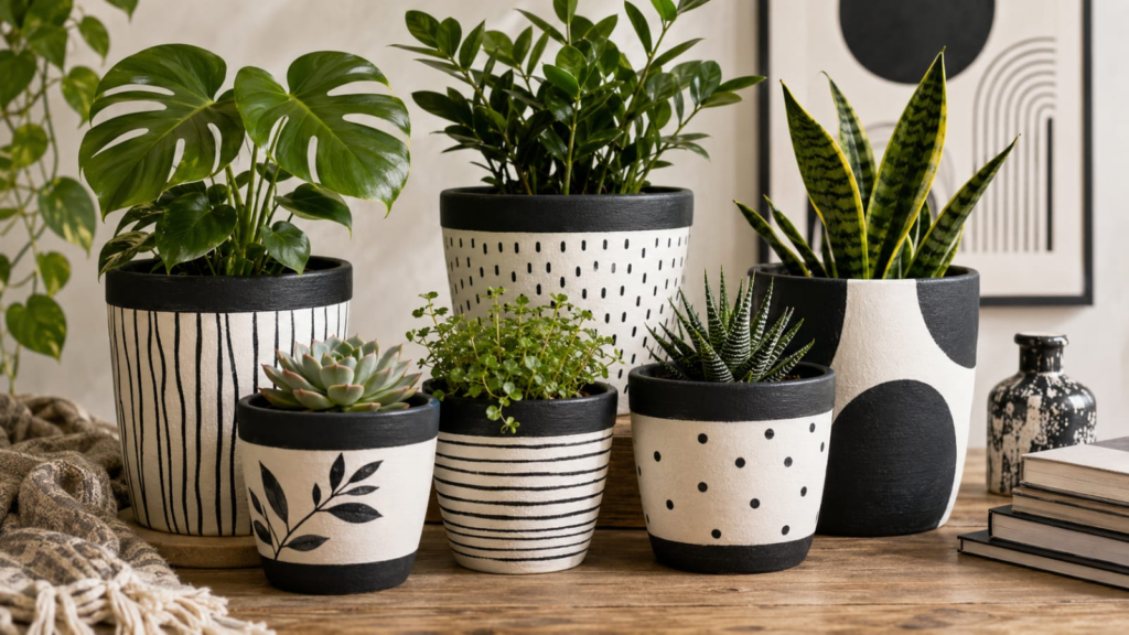 black and white pot painting